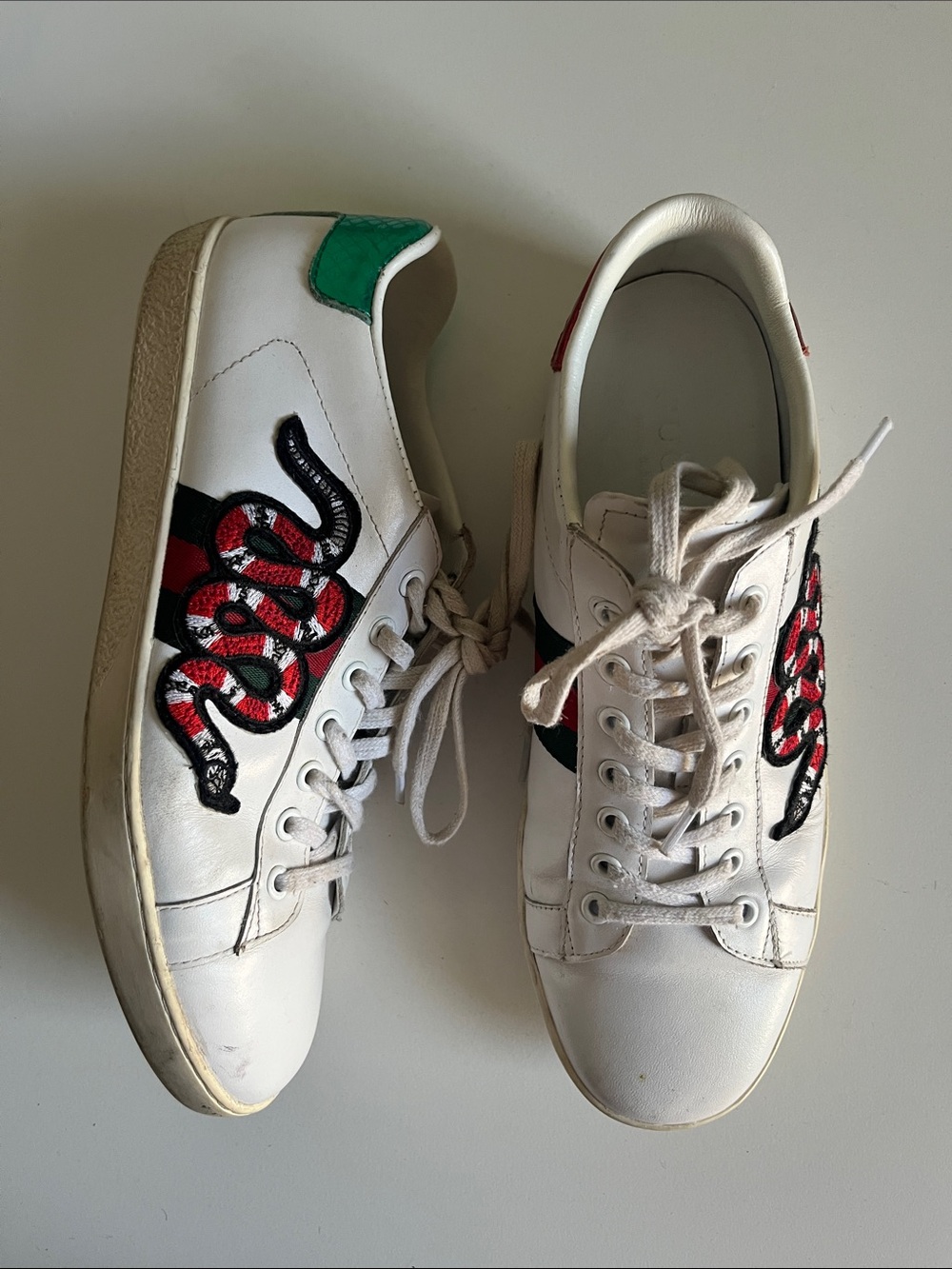 Gucci | White Leather | Women's Sneakers | with Red & Black Snake Embroidery | 8